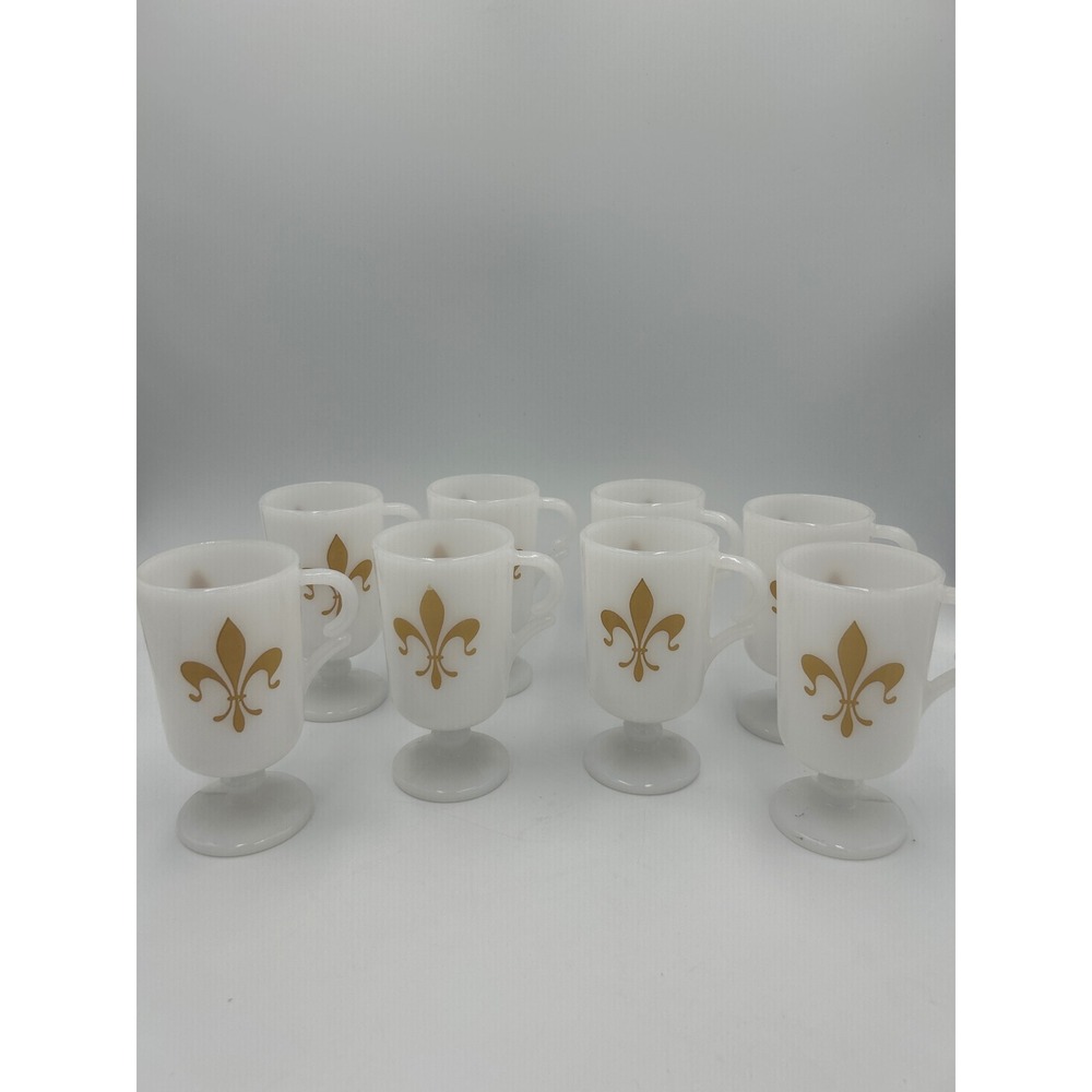 Vintage Federal Glass Milk Glass Gold Fleur-de-Lis Footed Mugs Set of 8 MCM